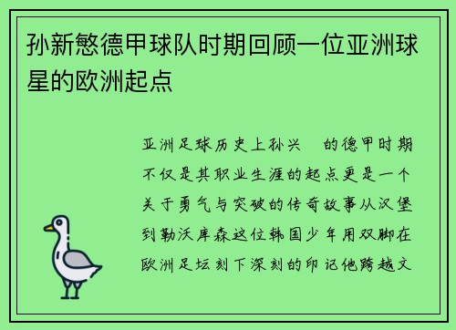 孙新慜德甲球队时期回顾一位亚洲球星的欧洲起点